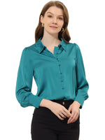 1 x RAW Customer Returns Allegra K Women s Classic Shirt St. Patrick s Day Blouse Elegant Long Puff Sleeve Work Button Down Turn Down Collar Peacock Green L - RRP €43.36