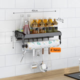 2 x RAW Customer Returns Space Saving Hanging Spice Rack, Utensil Holder with Kitchen Roll Holder and 8 Hooks, Stainless Steel Shelf Organizer for Bathroom, Black - RRP €45.94