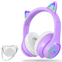 1 x RAW Customer Returns LOBKIN Bluetooth 5.1 Kids Headphones with Pocket - RGB LED Light Foldable Cat Ears Stereo Support Wireless and 3.5mm Cable - Children s Headphones for Girls and Toddlers - RRP €34.42