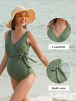 1 x RAW Customer Returns Love2Mi Maternity Swimsuit One Piece Elegant V-Neck Maternity Swimwear Tie Front Bowknot Swimsuit Army Green XL - RRP €33.26