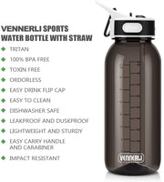 1 x RAW Customer Returns VENNERLI Water Bottle 1L Sports Drinking Bottle with Straw ML Marker Tritan BPA Free Leak-Proof for Bicycle Fitness Sports Office School 1L Black  - RRP €16.13