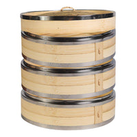 1 x RAW Customer Returns Hcooker 21cm bamboo steamer, 3-tier kitchen bamboo steamer with reinforced stainless steel edge, with 1 pair of chopsticks and 3 cotton towels, for rice, dim sum, vegetables, fish meat dumplings etc. - RRP €30.24