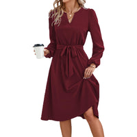 1 x RAW Customer Returns Yageshark Dresses for Women Midi Dress Long Sleeve V-Neck Solid Color Shirt Dress Elegant Casual Women Tunic Dress Wine, L  - RRP €28.99