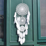 1 x RAW Customer Returns EasyBravo Extra Large Boho Style Dream Catcher with 3 Circles White Feather Macrame Wall Hanging for Vintage Wedding or Home Decoration 35cm Circle 110cm Long - RRP €19.99