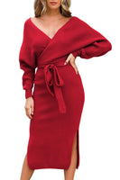 1 x RAW Customer Returns Viottiset Women s Elegant Dress Tunic Sexy V-Neck Long Sleeve Pullover Dress Maxi Dress with Belt Red M - RRP €44.36