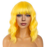 1 x RAW Customer Returns LANCAINI Wavy Wig With Bangs Women s Short Wigs Curly Wavy Bob Synthetic Cosplay Wig for Girls Daily Use Colorful Wigs Yellow  - RRP €20.2