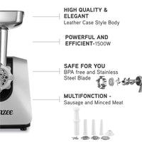 1 x RAW Customer Returns Twinzee - Electric meat grinder with sausage filler, black - For meat and sausage - Food processor, meat grinder with 3 perforated discs and 3 sausage attachments - RRP €75.62