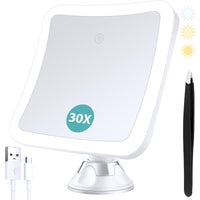 1 x RAW Customer Returns Magnifying Mirror with Light, 30x Magnification Lighted Makeup Mirror, Touch Control and Suction Cup, Rechargeable, 360 Rotation, Bathroom Vanity and Travel, Square - RRP €30.48