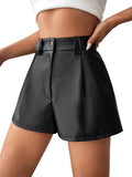 1 x RAW Customer Returns GORGLITTER PU Leather Shorts Women High Waist Faux Leather Pants Wide Leg Short PU Pants Festival Outfit Hotpants Black L - RRP €35.99