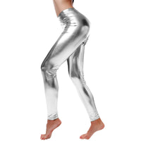 1 x Brand New Leggings Silver Metallic Women s Leggings Silver Metallic Women s Shiny Pants 80s with High Waist Shiny Leggings Party Dance Disco Costume Carnival Space Costume Metallic Pants Silver White-A, L  - RRP €27.6