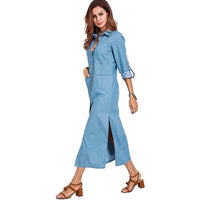 1 x RAW Customer Returns amropi blouse dress women buttons long sleeve side slit casual dresses denim dress maxi dress blue, S - RRP €29.99