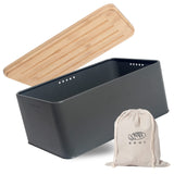 1 x RAW Customer Returns Theo Cleo bread box with cutting board, 33x21x15cm, matte bread box with wooden lid and linen bread bag, all-round ventilation, bread basket for long-lasting freshness gray - RRP €35.28