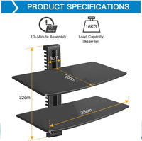 1 x RAW Customer Returns suptek Wall Mount Wall Bracket Glass Shelf Multimedia Shelf for DVD Players, Cable Cassette, Games Consoles, TV Accessories with 2 Shelves Suspended in Black Glass CS202 - RRP €29.99