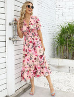 2 x Brand New Summer Long Dress V-Neck Short Sleeve Floral Maxi Dress A-Line Summer Dress Boho Beach Dress Pink, XXL  - RRP €55.2