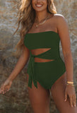 1 x RAW Customer Returns Viottiset Women s Bandeau Swimsuit Tummy Control Strapless Monokini One Piece High Cut Waist Tie Swimwear Dark Green XL - RRP €34.27