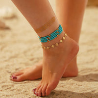 1 x Brand New Jovono 5 Pack Bohemian Style Beaded Anklet Bracelets in Gold Scalloped Beads for Women and Girls - RRP €15.6