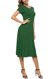 1 x RAW Customer Returns Women Casual Solid Round Neck Midi Dress Stretchy Short Sleeve Summer Long Dress L, Dark Green  - RRP €32.88