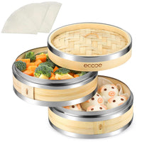 1 x RAW Customer Returns ecooe Bamboo Damper, 2 Tier Bamboo Insert with Reinforced Stainless Steel Edge, 20cm Steamer Insert, with 2 Cotton Cloths, for Rice, Dim Sum, Vegetables, Fish and Meat etc - RRP €19.27