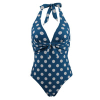 1 x RAW Customer Returns VILOREE Rockbilliy 50s Women s One Piece Swimsuit Swimwear Monokini Halterneck Tummy Control Blue with White Polka Dots-2 L - RRP €28.02