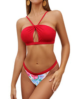 1 x RAW Customer Returns SHEKINI Women s Sexy Hollow Bikini Set Backless Padded Top Low Waist Floral Pants Off Shoulder Beach Two Piece Bikinis M, Red  - RRP €34.59