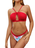 1 x Brand New SHEKINI Two Piece Beach Swimsuit Cutout Halter Adjustable Shoulder Strap Top Women s Swimsuits Two Piece Elegant Printed Low Waist Bikini Bottom XL, Red  - RRP €32.35