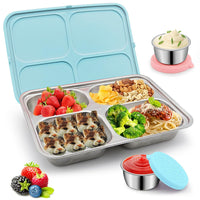 1 x RAW Customer Returns Bento lunch box, stainless steel bento boxes with silicone lid, 580 ml lunch box with compartments, closures, leak-proof reusable bread box, snack box, lunch box with 2 x 50 ml salad dressing dip containers blue  - RRP €18.99