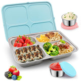 1 x RAW Customer Returns Bento lunch box, stainless steel bento boxes with silicone lid, 580 ml lunch box with compartments, closures, leak-proof reusable bread box, snack box, lunch box with 2 x 50 ml salad dressing dip containers blue  - RRP €18.99