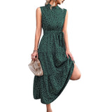 1 x RAW Customer Returns Polka Dot Print Dress, Sleeveless Stand Collar with Belt Tall Women s Long Summer Dress Elegant Summer Dress High Neck Long Dress with Belt for Party, - RRP €36.72