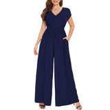 1 x RAW Customer Returns Tanmolo Women s Jumpsuit Elegant Summer Sleeveless V-Neck Overall Wide Leg Romper With Pockets Navy Blue, L  - RRP €39.01