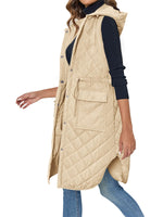 1 x RAW Customer Returns Wenrine Women s Vest Long Sleeveless Winter Quilted Vest with Hood and Pockets Casual, Khaki, 2XL - RRP €55.45