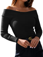 1 x RAW Customer Returns YBENLOVER Women s Long Sleeve Sexy Off Shoulder Top Solid Color Slim Top Black , L - RRP €24.0