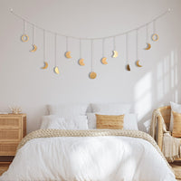 1 x RAW Customer Returns Brmeday moon phase garland, wall decoration boho, moon garland aesthetic room wall hanging decor living room, bedroom, garlands boho decoration Ramadan gold 144cm 13 moons, with LED light chain - RRP €19.99