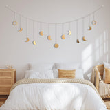 1 x RAW Customer Returns Brmeday moon phase garland, wall decoration boho, moon garland aesthetic room wall hanging decor living room, bedroom, garlands boho decoration Ramadan gold 144cm 13 moons, with LED light chain - RRP €19.99