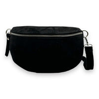 1 x RAW Customer Returns Suede Bum Bag Women Crossbody Bag Velours Belt Bag Hip Bag Body Bag Shoulder Bag Silver Zipper Black  - RRP €37.21