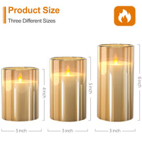 1 x RAW Customer Returns SUNNEST LED candles flameless in glass, battery operated, with remote control and timer function, realistic, warm light with flame shaking effect, set of 3 wax pillar candles, gold - RRP €20.99