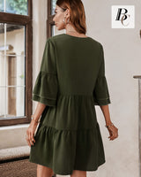 1 x RAW Customer Returns BebreezChic Women s Dress Elegant Summer Short V-Neck Flared Sleeves 3 4 Line Sleeve Flared Hem Casual Dress, Green XL - RRP €35.0