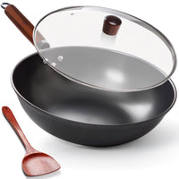 1 x RAW Customer Returns Wok pan with lid, 33cm wok pan made of carbon steel for stirring and frying with wooden spatula, wok made of carbon steel, nitrided non-stick Chinese wok with flat bottom for induction, electric gas stove - RRP €50.41