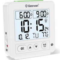 1 x RAW Customer Returns Geevon Digital Alarm Clock with Temperature Display, Two Alarm Times and Date, Small Travel Alarm Clock with Backlight, Alarm Clock Battery Operated for Bedside Table Bedroom, 10 x 3.6 x 9 cm Black  - RRP €20.08