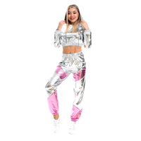 1 x RAW Customer Returns IMEKIS Women s Shiny Metallic Tracksuit Jogging Suit Sports Suit Long Sleeve Hooded Crop Top and Cargo Pants 2 Piece Trouser Suit House Suit Nightclub Performance Dancewear Silver-Pink Small - RRP €45.26