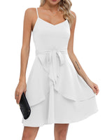 1 x RAW Customer Returns Missufe Casual Dress Summer Dress Tie Short Dresses Women Swing Spaghetti Straps Ruffle Mini Dress White, Medium  - RRP €47.99