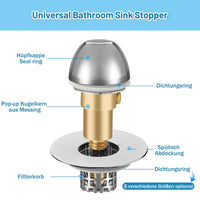 14 x Brand New Sink plug drain strainer drain fitting plug drain plug wash basin, brass bounce core push-type drain plug, universal sink stopper replacement for bathroom with anti-clogging filter 29-47mm  - RRP €285.6