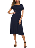 1 x RAW Customer Returns EXCHIC Women s Casual Round Neck A-Line Short Sleeve Midi Dress Summer Stretchy Knee Length Casual Dresses XXL, Navy Blue  - RRP €33.16