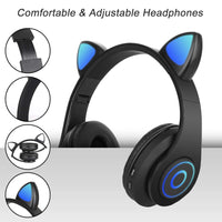 1 x RAW Customer Returns Sendowtek Bluetooth Over-Ear Headphones Black Girls Cat Ear Headphones RGB Light Foldable Stereo Wireless Headphones Headset for Kids Telescopic Microphone with Noise Cancelling for Laptop PC TV - RRP €21.29