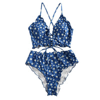 1 x RAW Customer Returns ZAFUL Women Two Piece Swimsuit Padded Leaf Print Tankini High Waist Top Mixed Swimsuit Blue Flowers. M - RRP €35.93