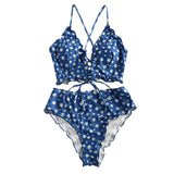 1 x RAW Customer Returns ZAFUL Women Two Piece Swimsuit Padded Leaf Print Tankini High Waist Top Mixed Swimsuit Blue Flowers. M - RRP €35.93