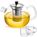 1 x RAW Customer Returns Glass Teapot - Capacity 1500 Ml - Removable Stainless Steel Filter - Heat Resistant Borosilicate Glass -Plus 2X Glass Tea Cups - RRP €24.19