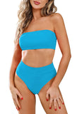 1 x RAW Customer Returns Viottiset Women s Bandeau Top Bikini Set High Waist Swimsuit with Removable Straps S Blue - RRP €39.99