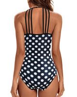 1 x Brand New JFAN Women s One Piece Swimsuit Shapewear One Piece Swimsuit for Women Mesh Chest Adjustable Spaghetti Straps Push Up Swimwear Padded Ruched Monokinis Black Polka Dots M - RRP €49.99