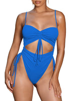 1 x RAW Customer Returns Viottiset Women s Cut Out One Piece Swimsuit Strappy Cheeky Ruched Laced Drawstring Swimwear Blue M - RRP €28.22