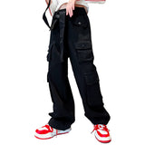 1 x RAW Customer Returns Rolanko Girls Baggy Cargo Pants, Elastic High Waist Straight Wide Leg Streetwear Pants with Multiple Pockets, Black, Size 160 - RRP €33.99